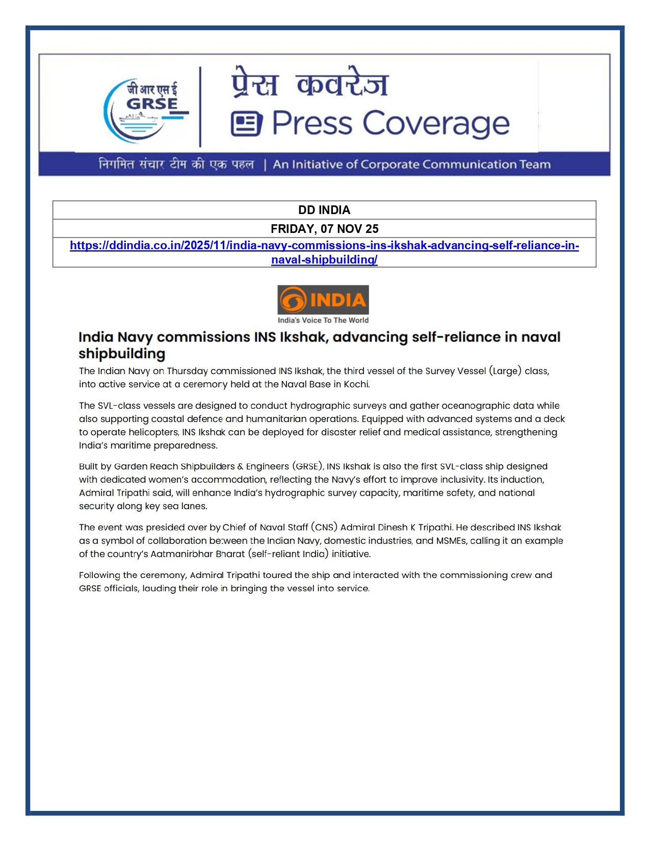  Press Coverage: 08 Nov 25: INFO INDIA  